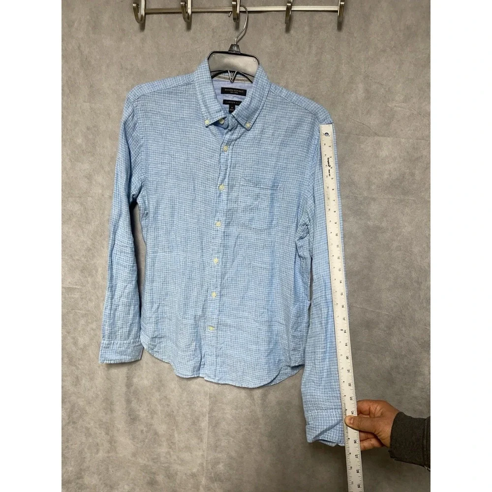Banana Republic‎ Shirt Men M Blue Check Linen Button Up Camden Hopsack Academia